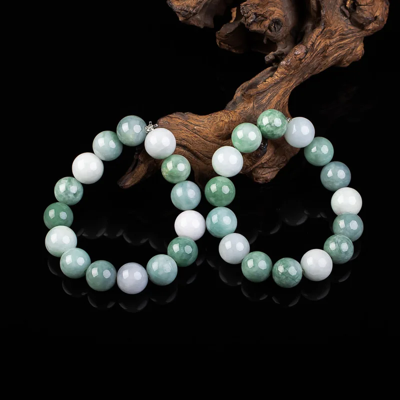 Natural Burmese 13mm Green White Bead Bracelet, Soft Jadeite for Men and Women, Jade Jewelry view 4