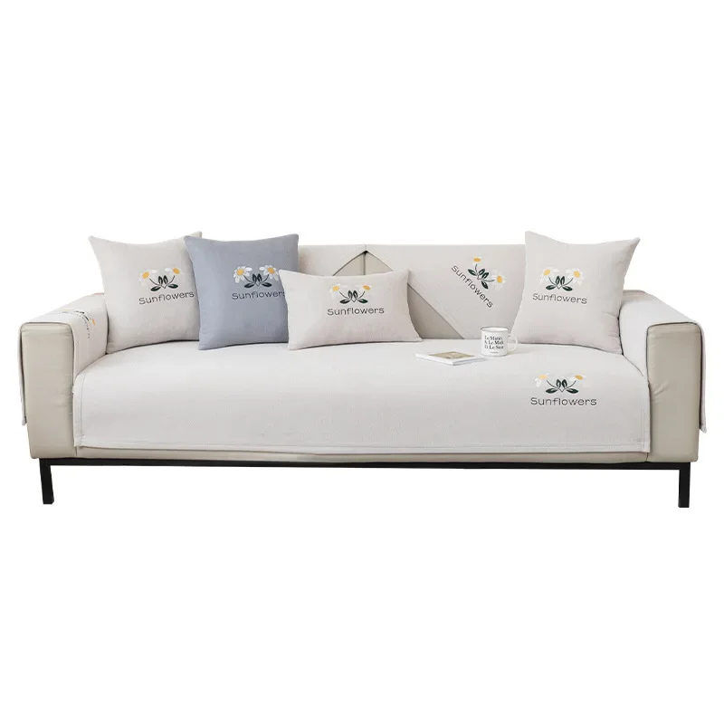 غطاء وسادة مانع للإنزلاق شامل ، فاخر خفيف ، مُطرَز ، غطاء أريكة جلدي ، قماش منشفة ، مواسم أربعة