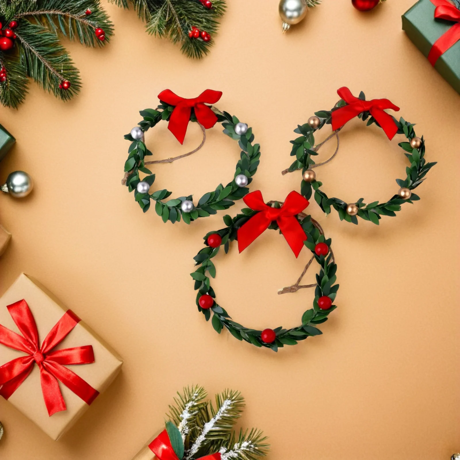 

9pcs Christmas Mini Cabinet Wreaths Small Artificial Garland With Ribbon Bows For Door Window Kitchen Farmhouse Holiday Decor