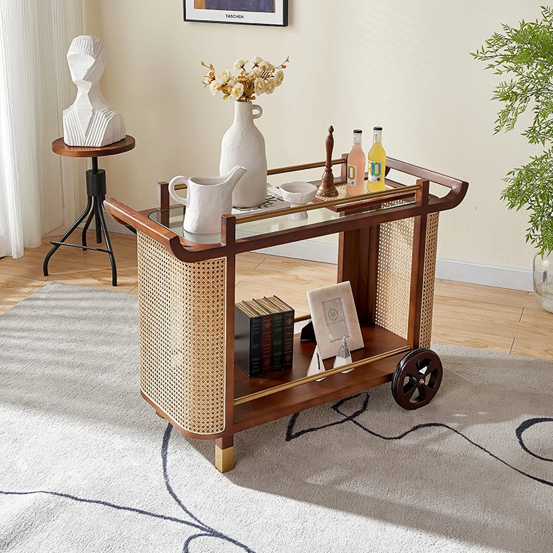

Retro rattan solid wood medieval trolley coffee table living room home log wind designer creative tea cart small apartment