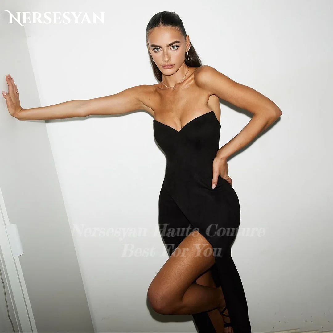 Luksusowe czarne suknie wieczorowe w stylu syreny Nersesyan, z odkrytymi ramionami, satynowe, z rozcięciem z boku, suknie formalne, suknie na przyjęcia dla kobiet, suknie wieczorowe szyte na miarę.