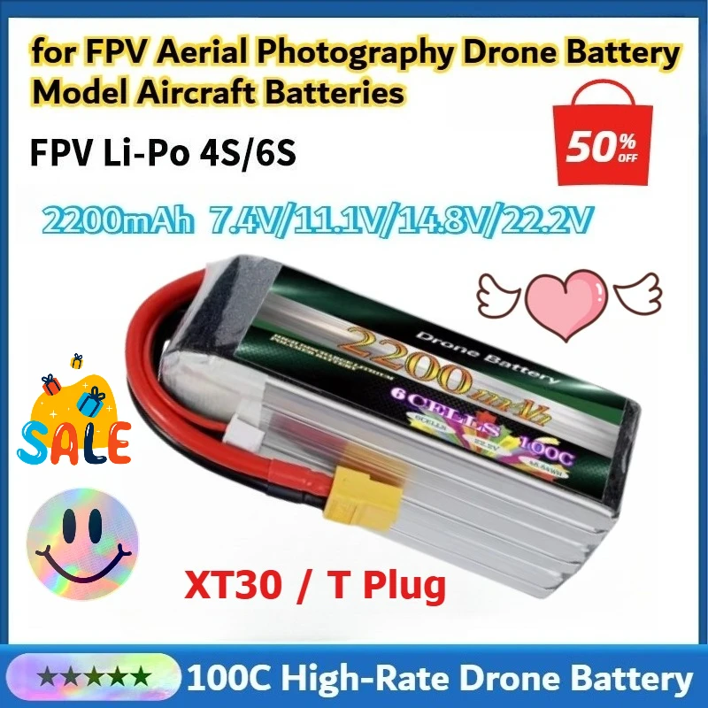 

2200mAh 2S 3S 4S 6S 100C High-rate Battery for FPV Aerial Photography Drone Batteries Model Aircraft Batteries XT30 T Plug