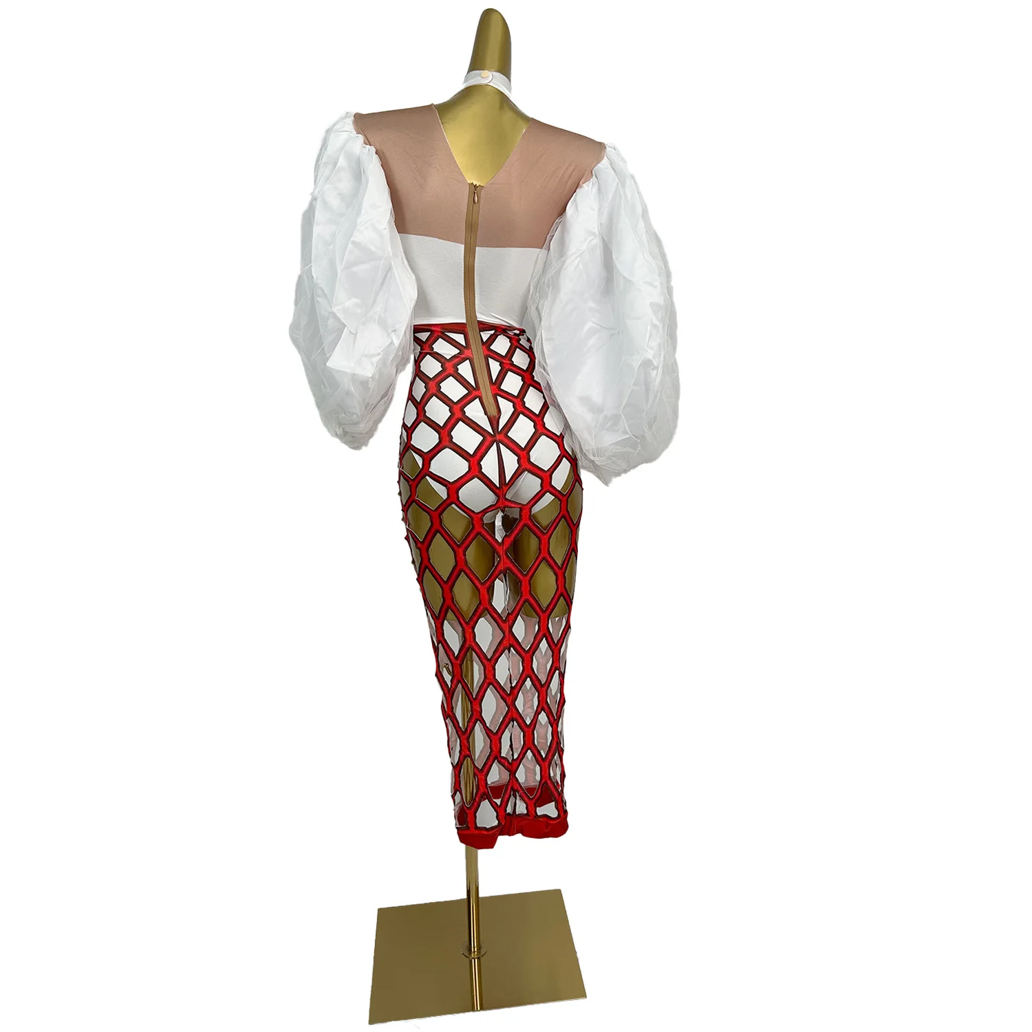 Hongfushi vestido feminino de malha vermelha com mangas bolha celebridade tapete vermelho pista moda saia apertada design de festa à noite