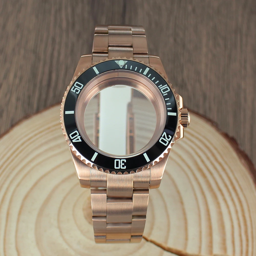 40 مللي متر PVD ساعة ذهبية وردية حزام الياقوت كريستال زجاج ل NH35 NH36 NH34 8215 2824 Movt 28.5 مللي متر الطلب 120 نقرات GMT ROOTBEER