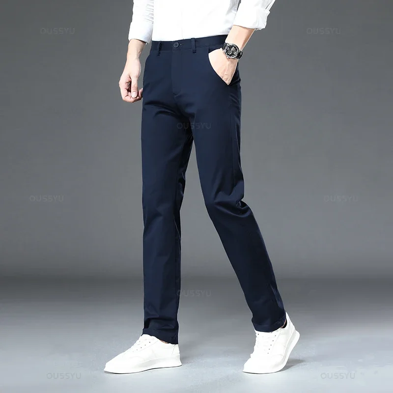 Brand Cotton Casual Pants Men Solid Color Business Fashion Straight Slim Fit Chinos Gray Autumn Winter Trousers Male Z291