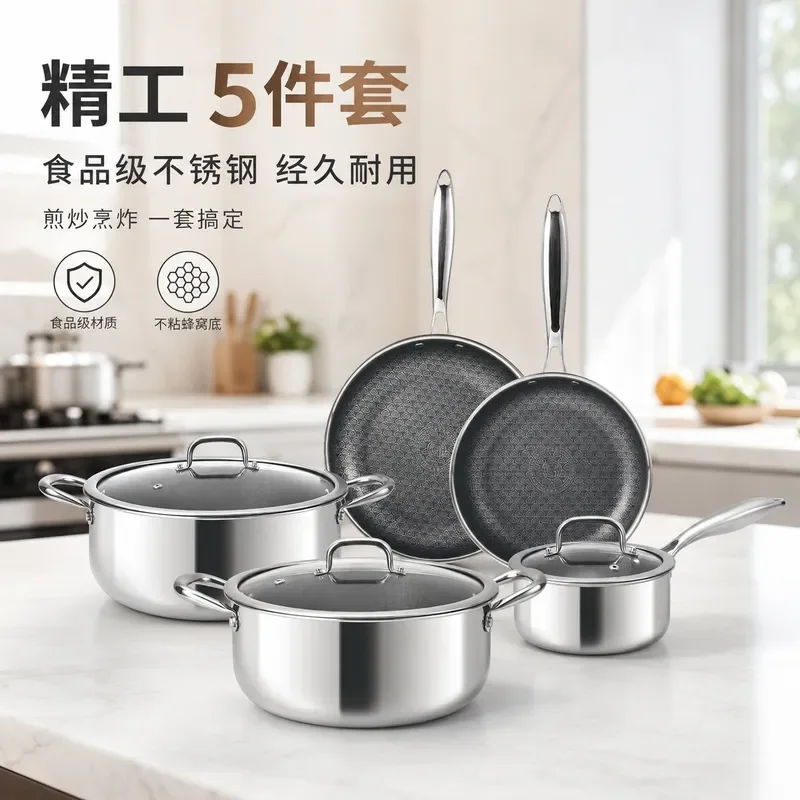 Yuanchang Stainless Steel Frying Pan Set Non Stick Honeycomb Texture Steak Cookware Household Kitchen Uncoated Saute Pan