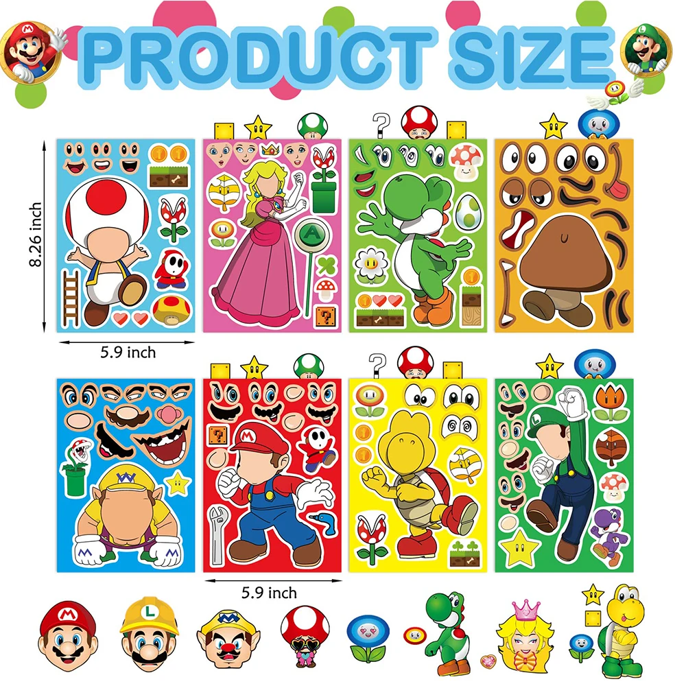 8/16sheets Super Mario Anime Game Children Stickers Make Peach Luigi Face Funny Cartoon Decals Assemble Jigsaw Educational Toys