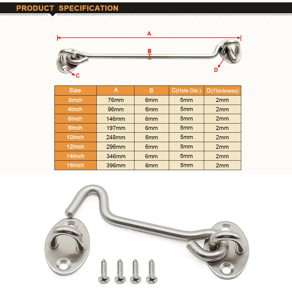 Stainless Steel Privacy Hook and Eye Latch Lock with Screws 3-12in Heavy Duty Silver Barn Door Easy Locks Gate Latch Window Wind
