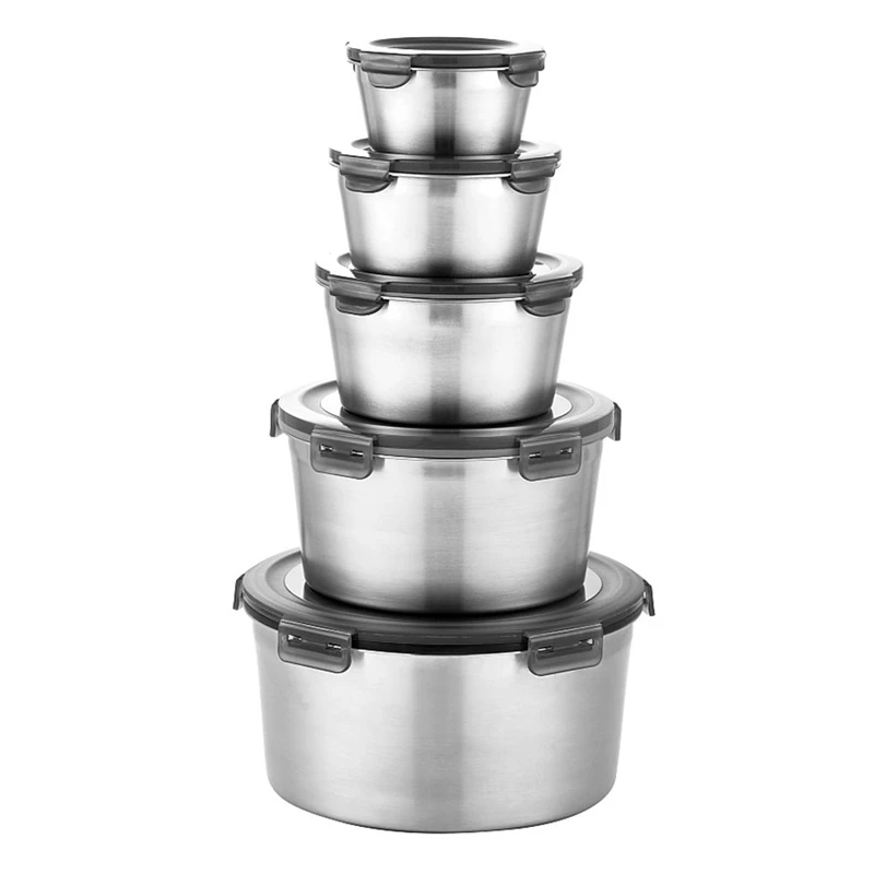 5Pcs Round Stainless Steel Refrigerator Food Storage Box Kitchen Microwave Heating Sealed Fresh-Keeping Box