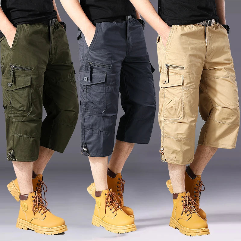 Summer pure cotton cropped shorts for men and young people, straight leg sports camouflage casual workwear shorts, loose and thi