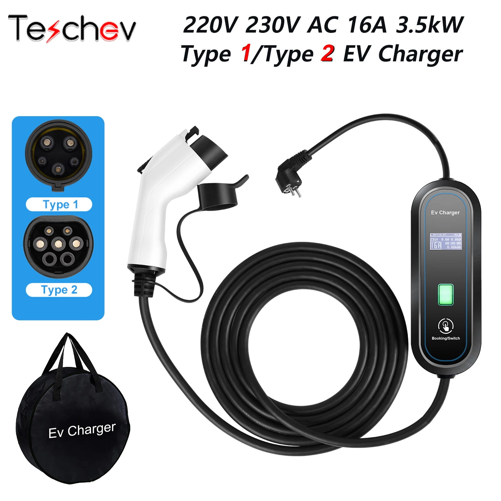 Teschev 220V 230V EV Charger Type2 16A 3.5kW Electric Car Charging Cable Type1 Wallbox Mode 2 EVSE for Electric Vehicle