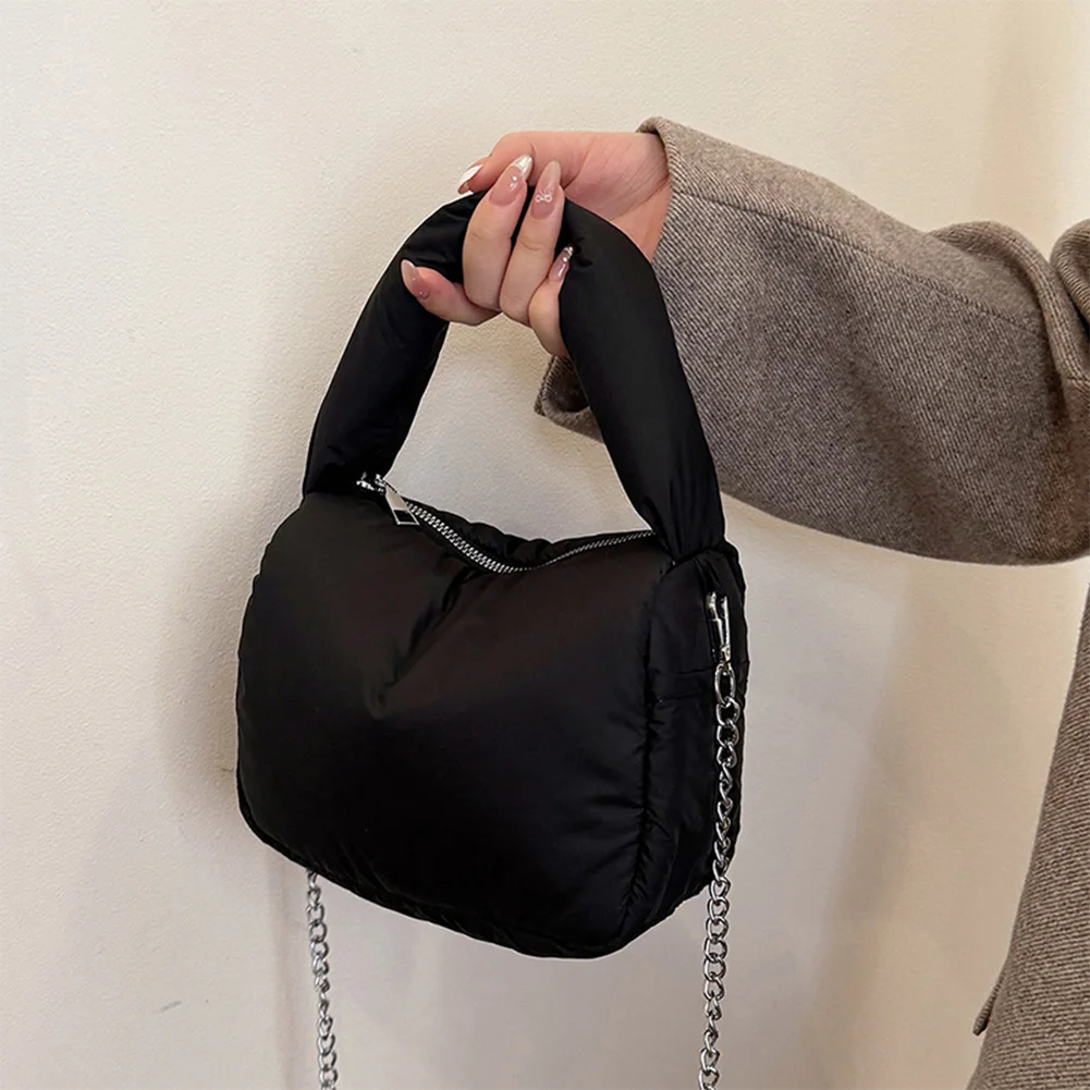 

Women Nylon Puffer Crossbody Bag with Chain Solid Color Small Tote Bag Zipper Closure Top-Handle Bag for Work Travel