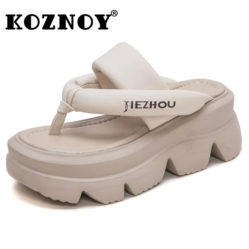 Koznoy 7.5cm Peep Toe Sheepskin Flip Leather Hollow Fashion Sandals Slippers Mary Jane Designer Women Summer Flats Loafer Shoes