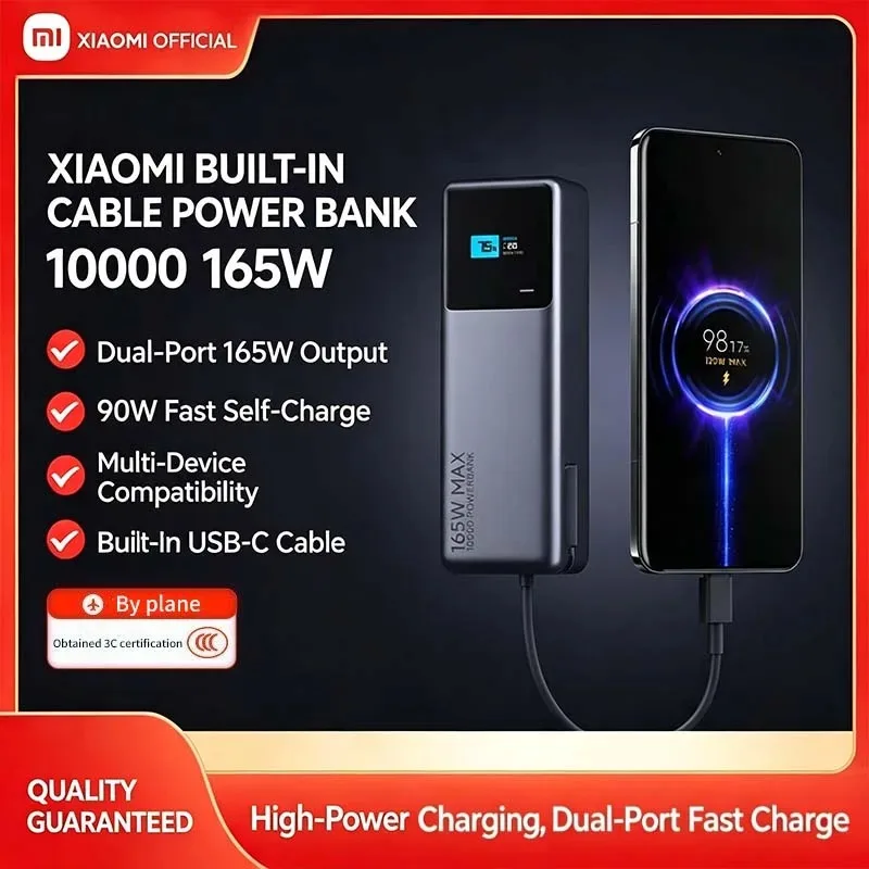 Xiaomi 10000mAh Power Bank 165W Portable External Battery Integrated USB-C Cable LED Digital Display for MacBook iPhone Samsung