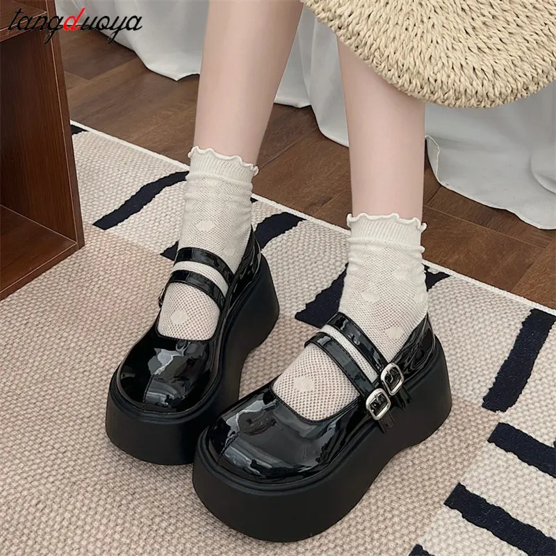 Jesień Harajuku Japanese Punk Rock Gothic Lolita Shoes Women Wedge High Heels girls College style Thick Sole JK uniform shoes