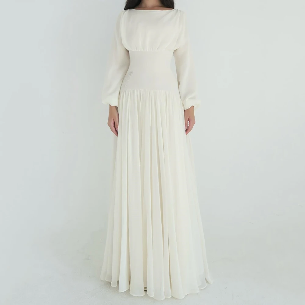 

Customized A-line Evening Dresses Floor-length Boat Neck Full Sleeve Prom Gown Fashion Sequined Simple Draped Casual Party Gown