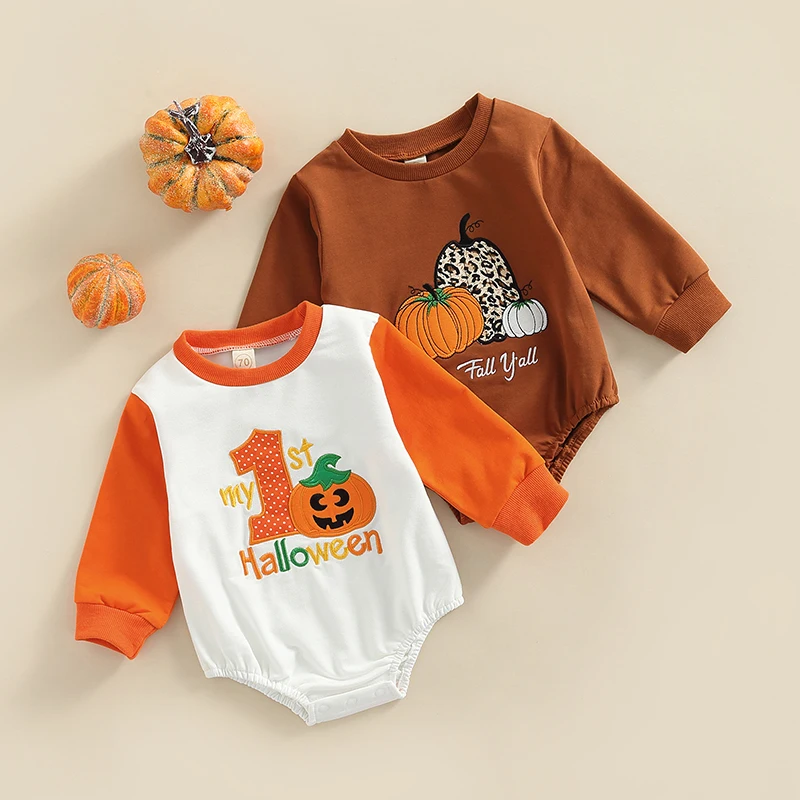 0-18Months Baby Boys Girls Fall Clothes Halloween Rompers Long Sleeve Crew Neck Embroidery Pumpkin Patchwork Casual Bodysuit