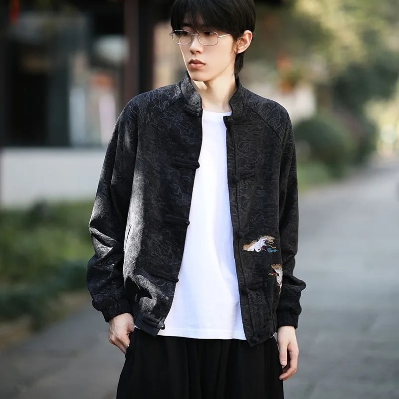 Ricamo gru in stile cinese da uomo Colletto rialzato abbottonato in stile cinese Abito Tang Primavera Casual Cappotto taglie forti Tendenza moda