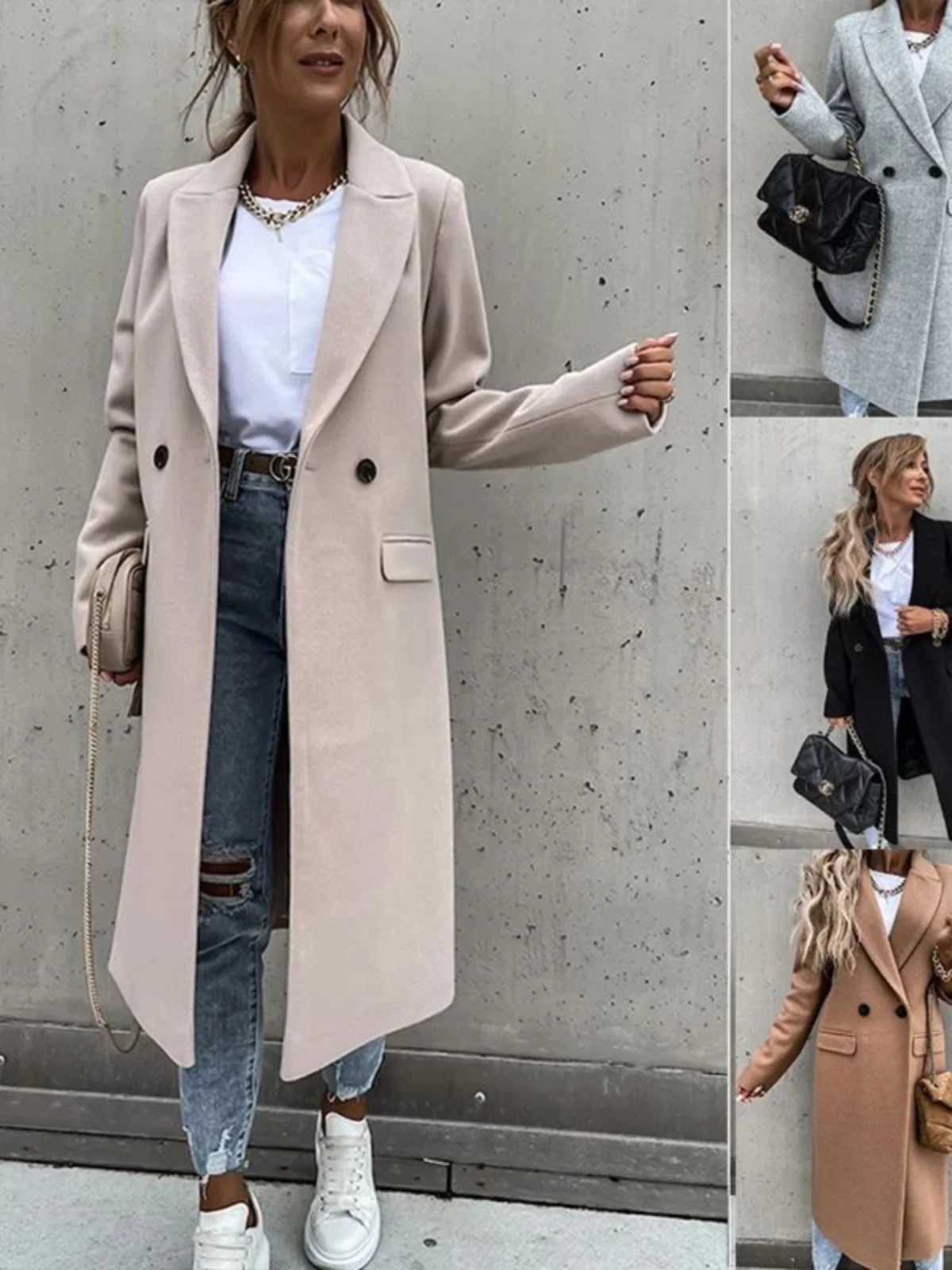 

Приталенный однотонный костюм с воротником-майкой, женская уличная верхняя одежда, длинное пальто средней длины с застежкой на пуговицы све