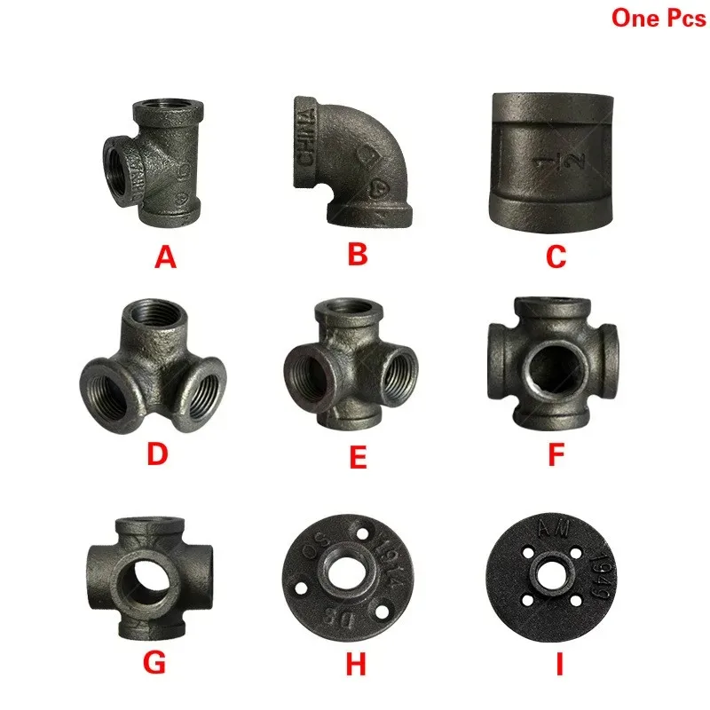 Antique Style Black Self Colour Malleable Iron Pipe Fittings Connectors Black Cast Iron Threaded Pipe 1/2 Inch 3/4 Inch 1 Inch