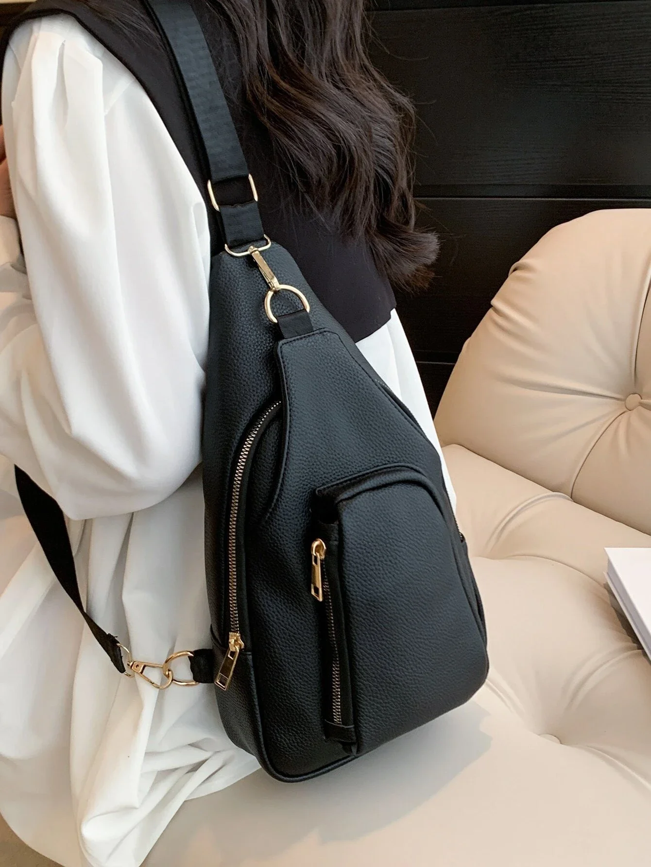 

Mini Litchi Embossed Women's Simple Sling Bag, Trendy PU Crossbody Multi Pocket Chest Purse Multi-Compartment Bag Wom