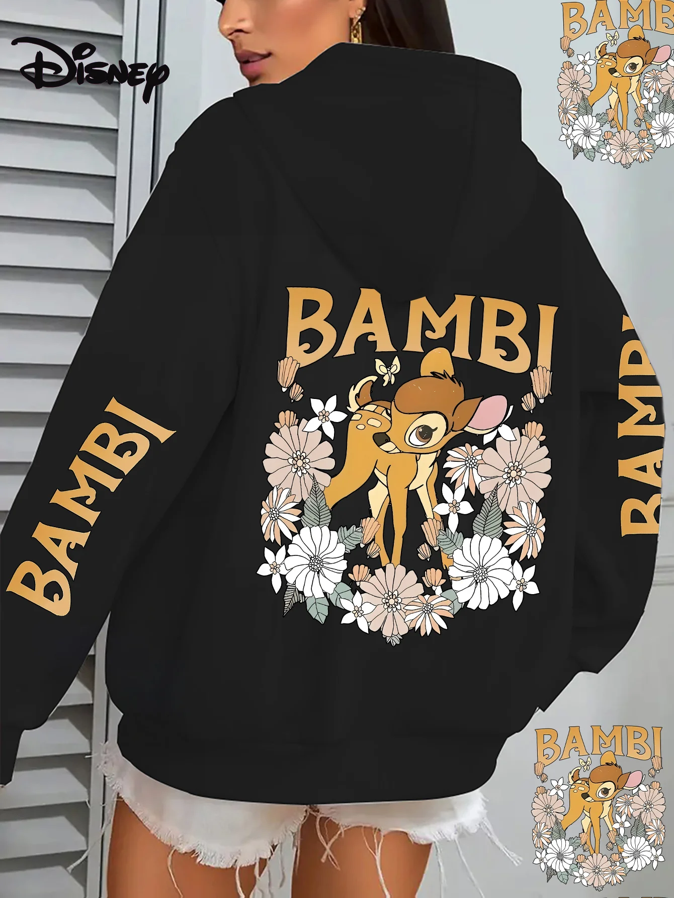 Sudaderas con capucha informales de Disney para hombre y mujer con tops unisex de flores Bambi y Sampper, jerseys de manga larga