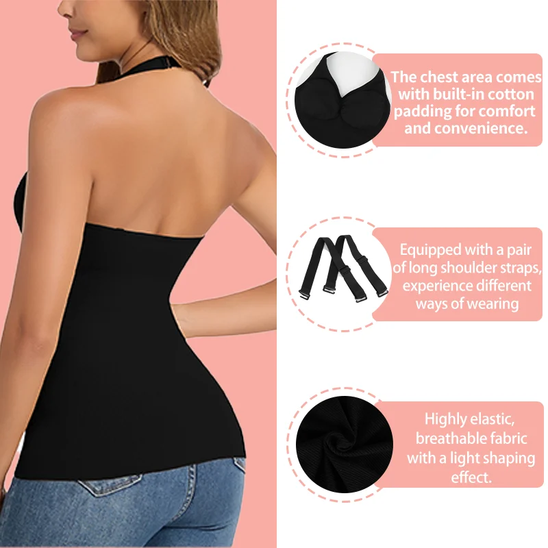 Women's Sexy Halter Neck Shapewear Tummy Control Sleeveless Camisole Bulit-in Bra Sexy Body Shaper Push Up Tank Top Outwear
