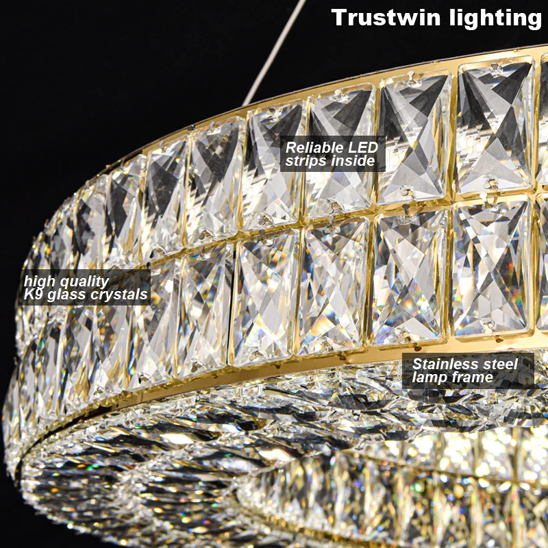 Round Crystal Chandelier LED Golden Silver Color Changeable Hanging Lamp Living Dinning Room Modern Crystal Pendant Light