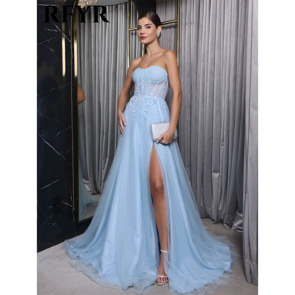 RFYR Blue Elegant Strapless Evening Gown for Woman Shiny Lace Embroid Party Dress for Wedding Sexy High Split Formal Gown