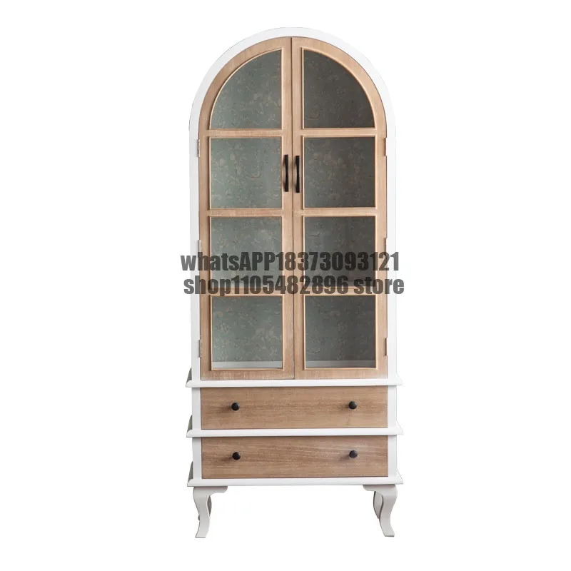 

American retro old solid wood bookcase glass door storage French arched cabinet bookshelf storage display cabinet