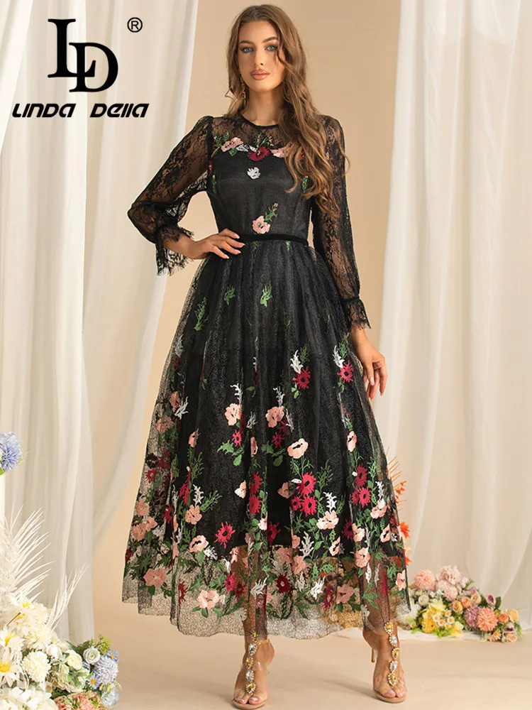 LD LINDA DELLA Autumn Fashion Dress Women High waist Mesh Embroidery Flare Sleeved Vintage Party Ball Gown Dresses