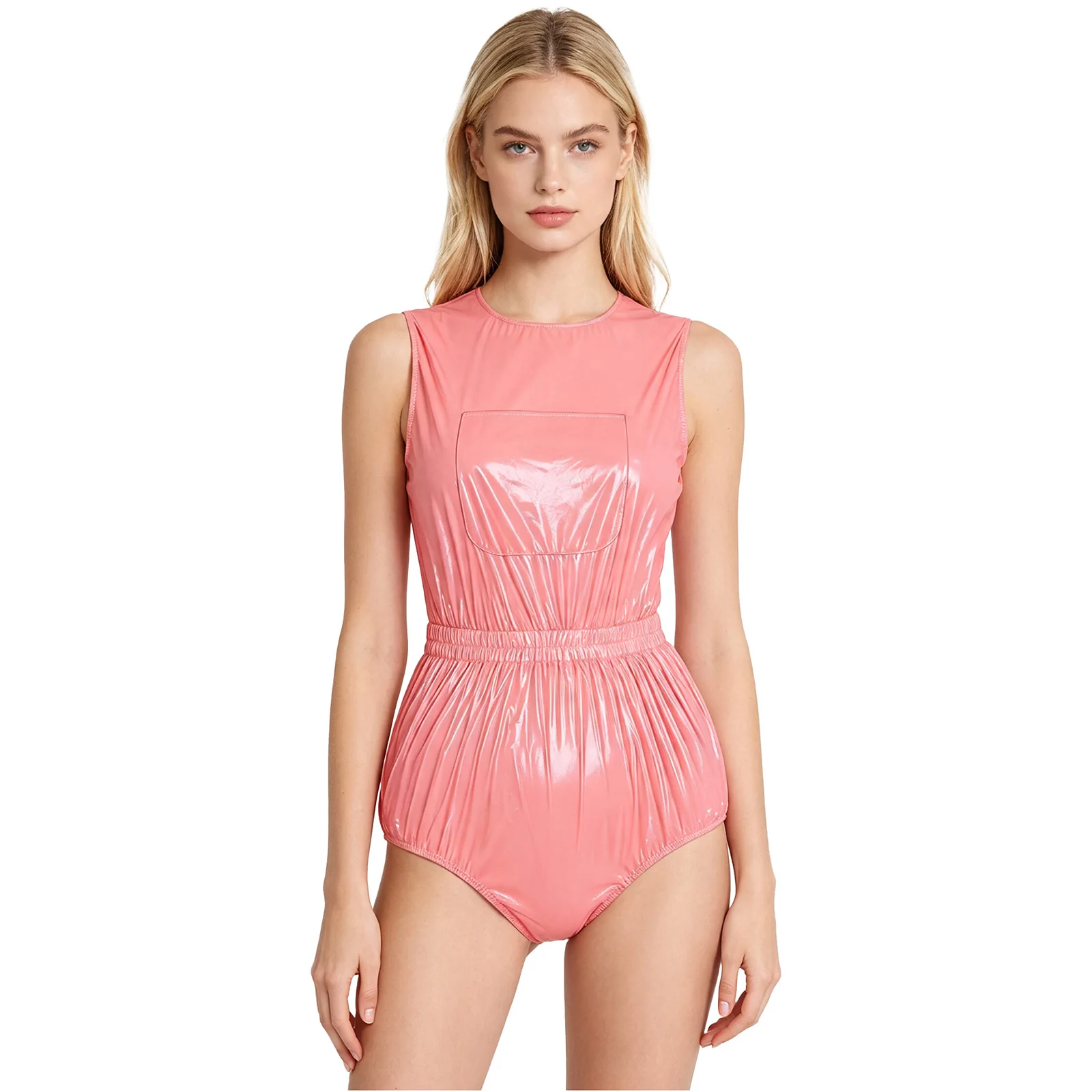 Wasserdichter Vinyl-Badeanzug für Damen, ärmellos, mit Brusttasche vorne, geknöpfter Schritt, Bodysuit, Badebekleidung, Windelüberzug, Kleidung – Detail 12