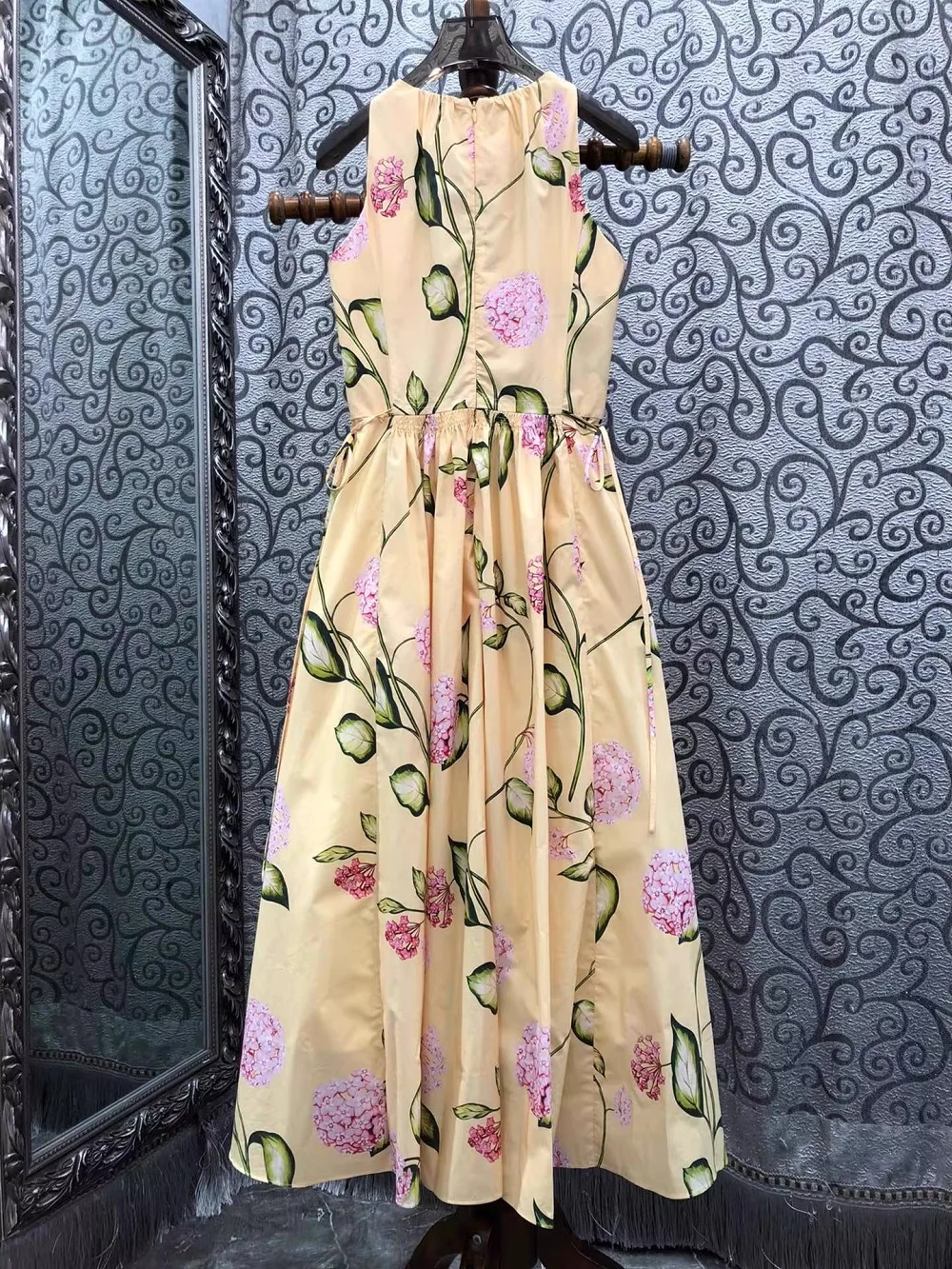 100%Cotton Dress 2026 Summer Designer Fashion Lady Colorful Floral Print String Waist Sleeveless Mid-Calf Length Yellow Dress