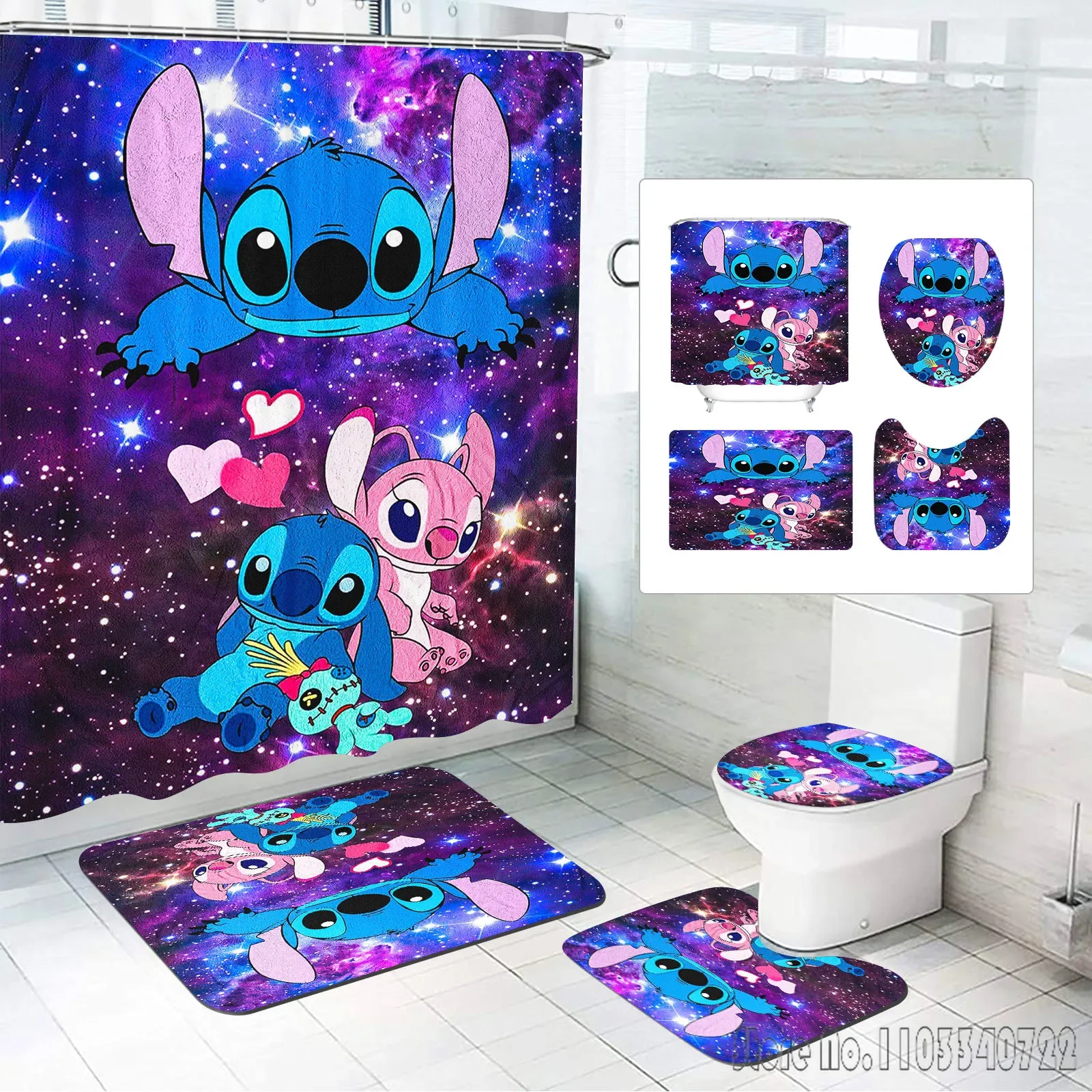 Stitch Disney Anime Bath Shower Curtain Set 4pcs with Hooks Waterproof Bathroom Toilet Mat Lid Decor