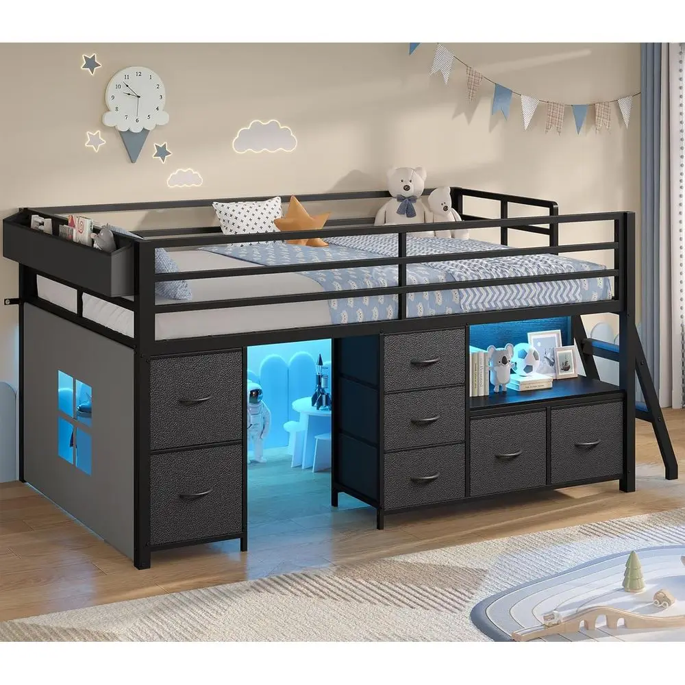 

Twin Size Metal Low Loft Bed with 7 Drawers, Bookcase, LED Lights, Safety Rail, Inclined Ladder, Play Curtain, Under-Bed Play Ar
