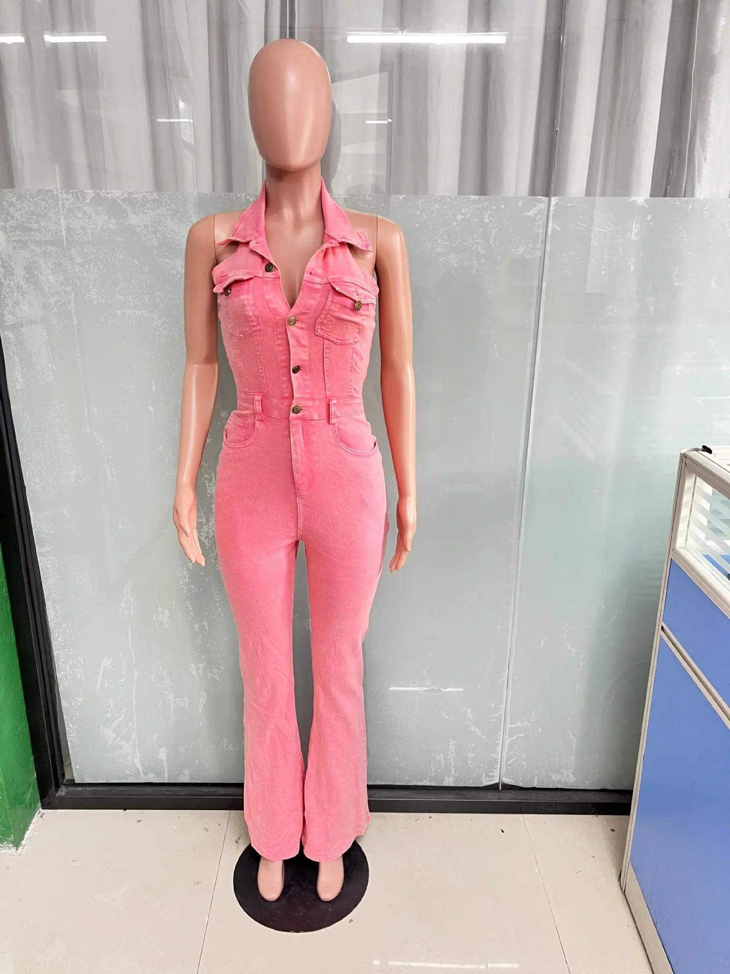 Women Jumpsuit Sexy Sleeveless Backless Pocket Elastic Denim Cargo Pants Jumpsuit Streetwear High Waist Straight Jeans Jumpsuit