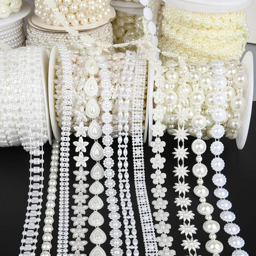 2Yards ABS Flatback Imitation Pearl Beads Chain Sewing Trim Cake Decoration Makeup and Wedding Arrangements Party Home Decor