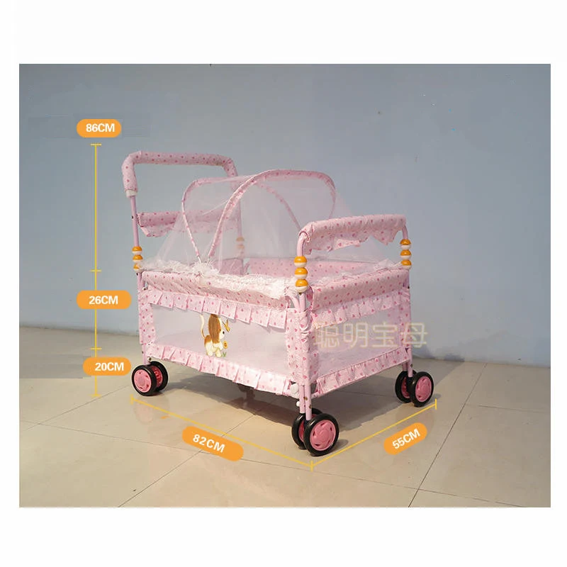 Multifunctional Baby Crib Have Mattress & Mosquito Net, Can Convert to Kids Stroller, Portable Cot with 4 Wheels