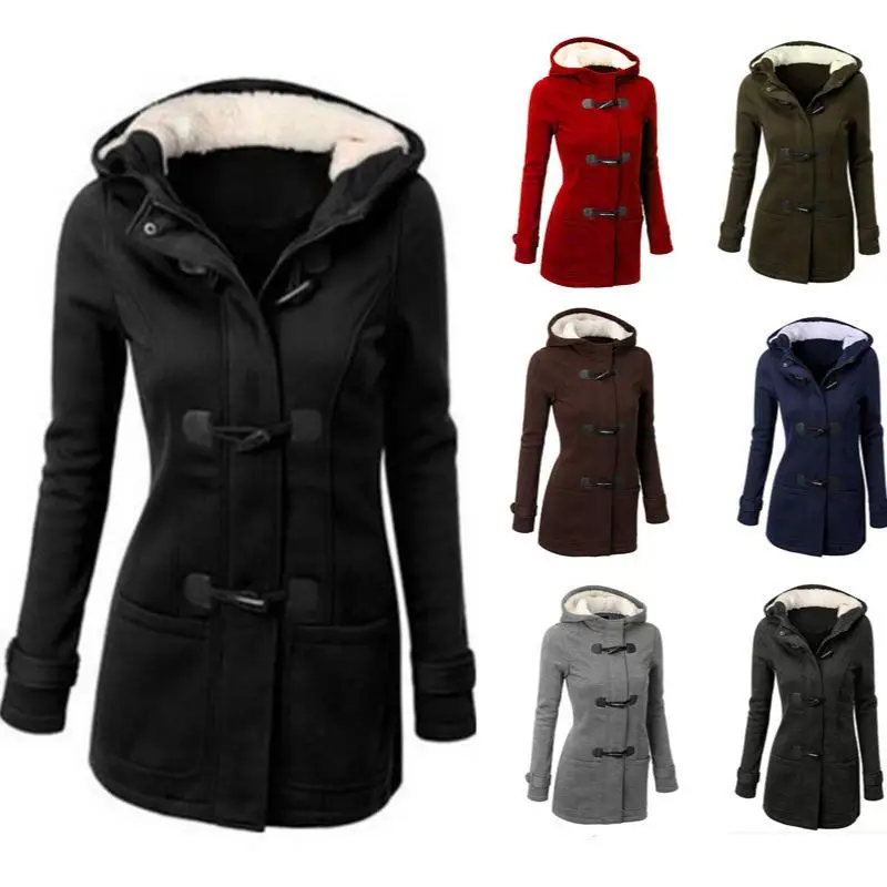 Large Size Women's Hooded Sweatshirt with Cow Horn Buckle Waist-Cinching Open Cardigan Pure Color Winter Fashion Ladies' Top