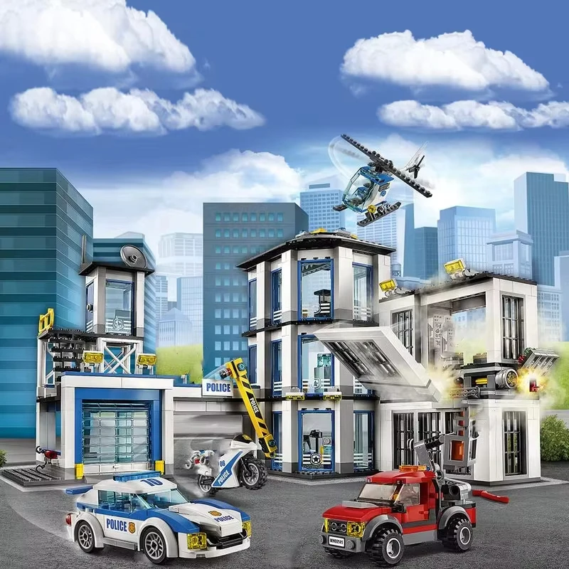 2025 neue Stadt Polizeistation Wache Bausteine Hubschrauber Auto spezielle Polizei Gefängnis