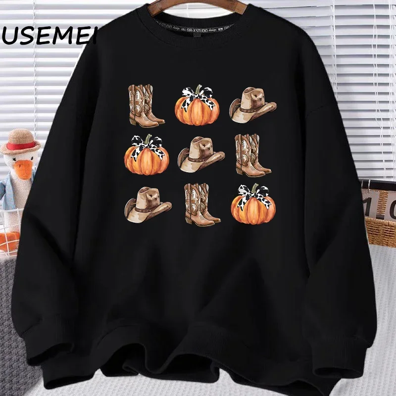 Retro Cowboy Boots Halloween Sweatshirt Autumn Western Pumpkin Hoodie Retro Fall Autumn Cowgirl Crewneck Sweatshirt Women's