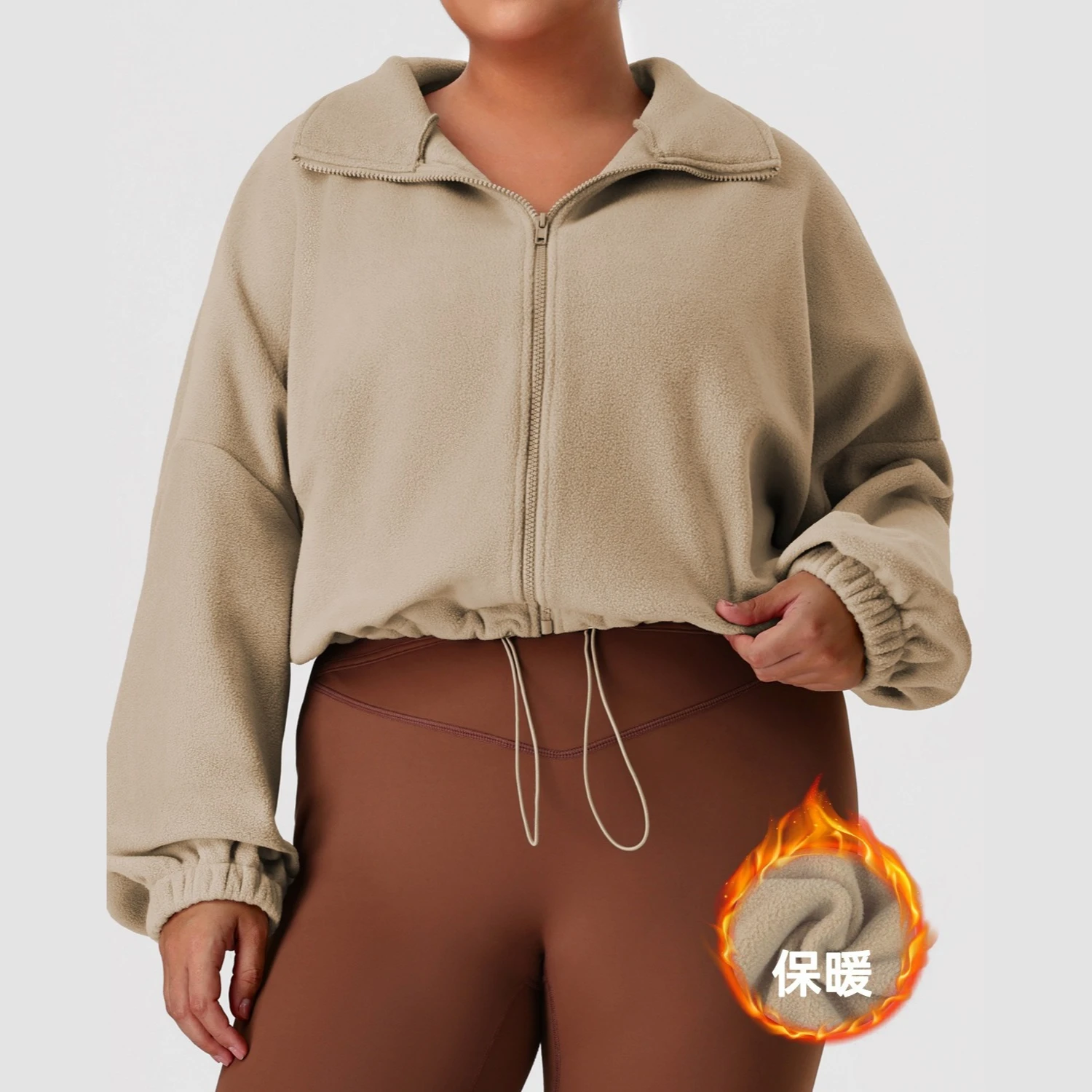 Women Polar Fleece Stand Collar Cropped Jacket Long Sleeve Winter Warm Outerwear Yoga Fitness Loungewear Casual Sports Coat
