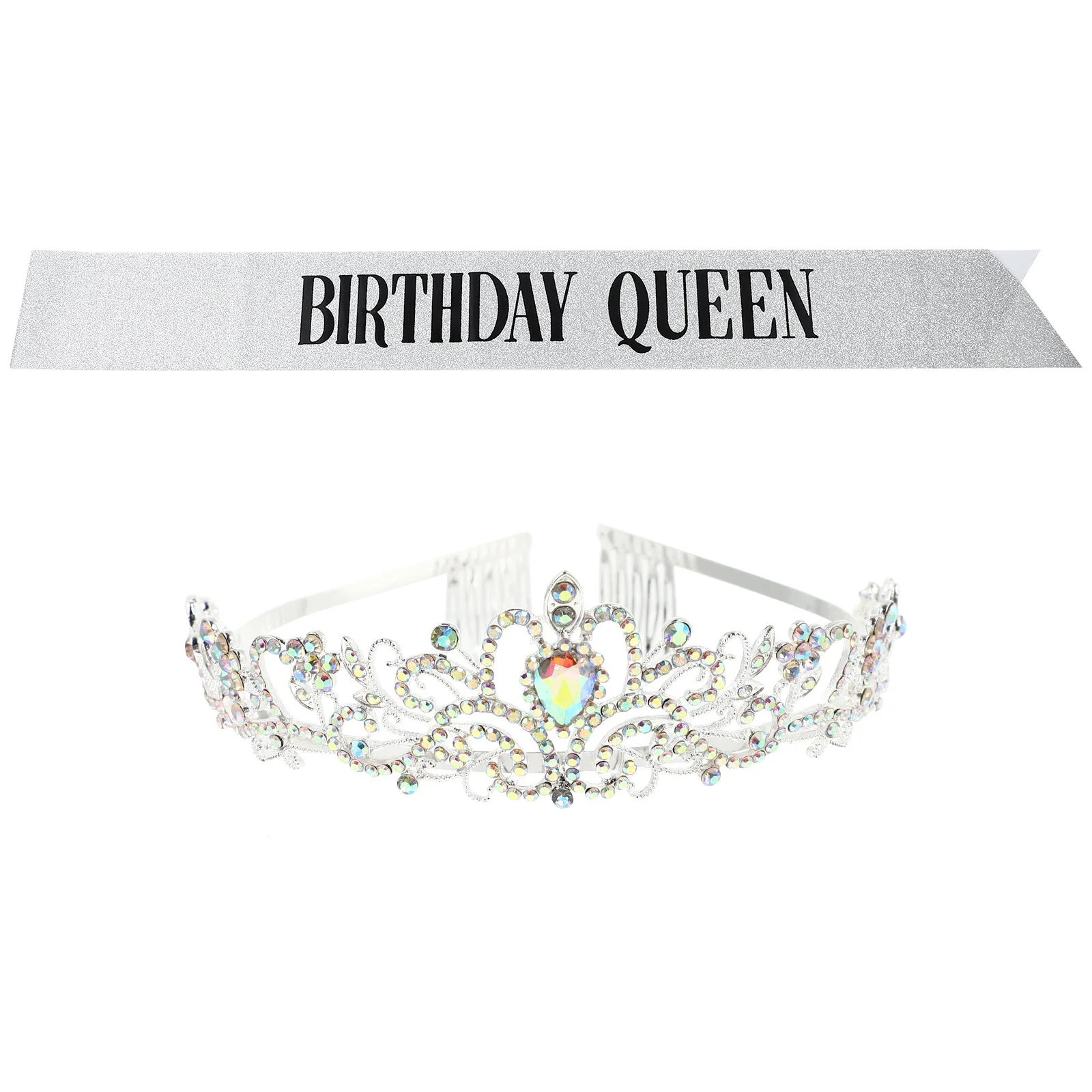 

1Set Exquisite Rhinestone Crown and Sash Set Birthday Crystal Crown Female Party Sash Decorative Etiquette Belt
