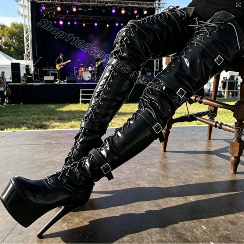 

Black Belt Buckle Lace up Sandals Patent Leather Spring Design for Women Fashion Dancing Over Knee Boots Zapatos Para Mujere