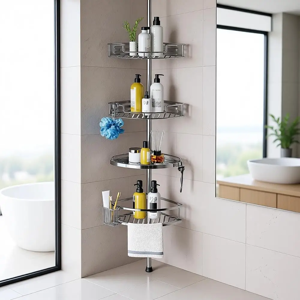 

Adjustable 4-Tier Tension Pole Shower Caddy - 47-121 inch Bathroom Organizer Shelves for Shampoo Storage