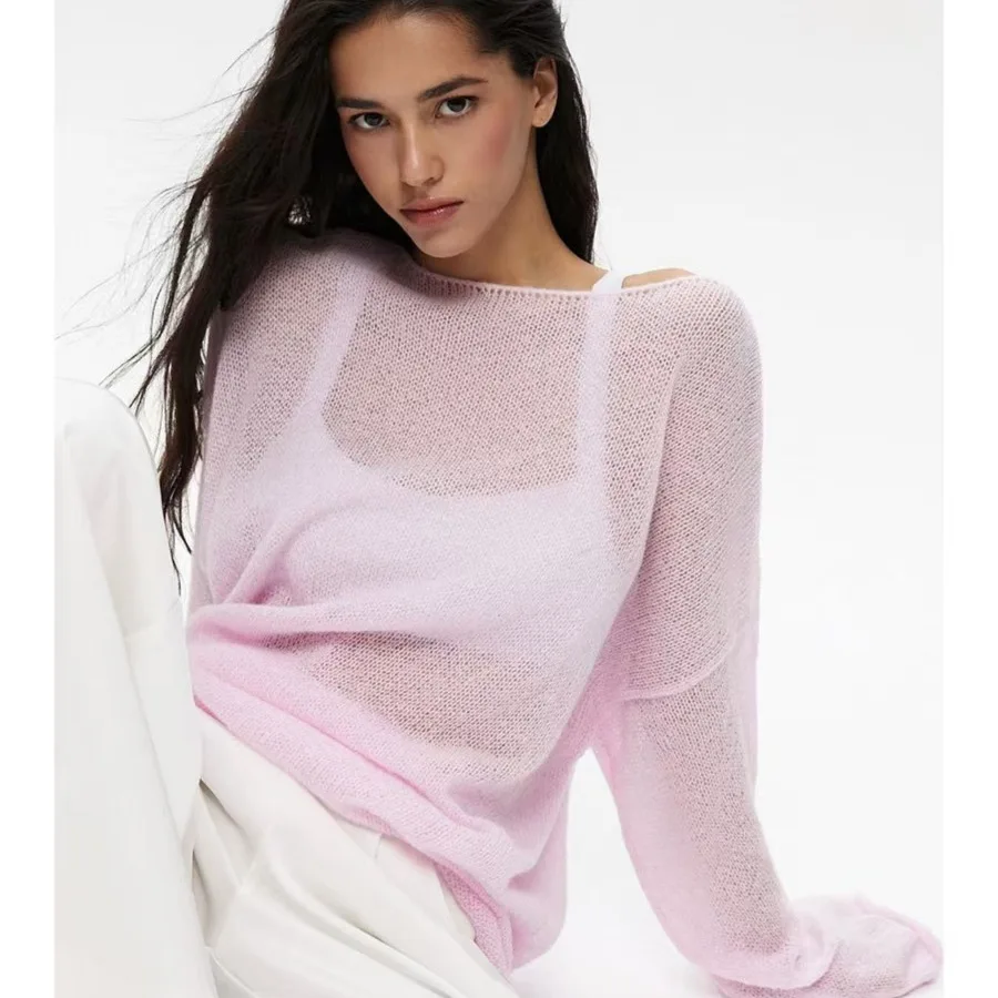 Spring Summer Women Sheer Hollow Openwork Knit Sweater Boat Neck Drop Shoulder Loose Oversized Breathable Casual Pullover