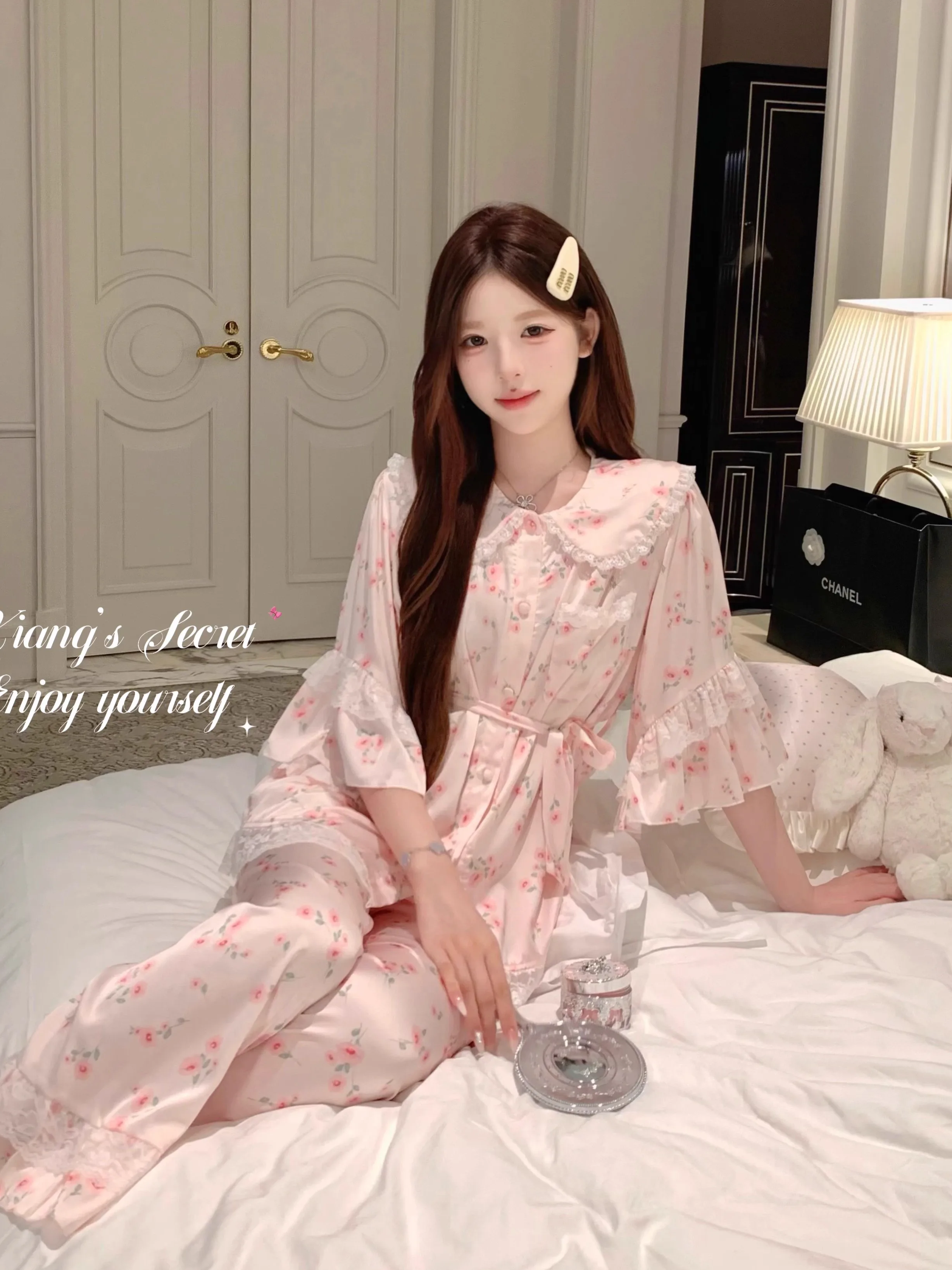 Japanese original ice silk floral pajamas summer lace doll collar 2025 new casual comfortable cool loungewear set