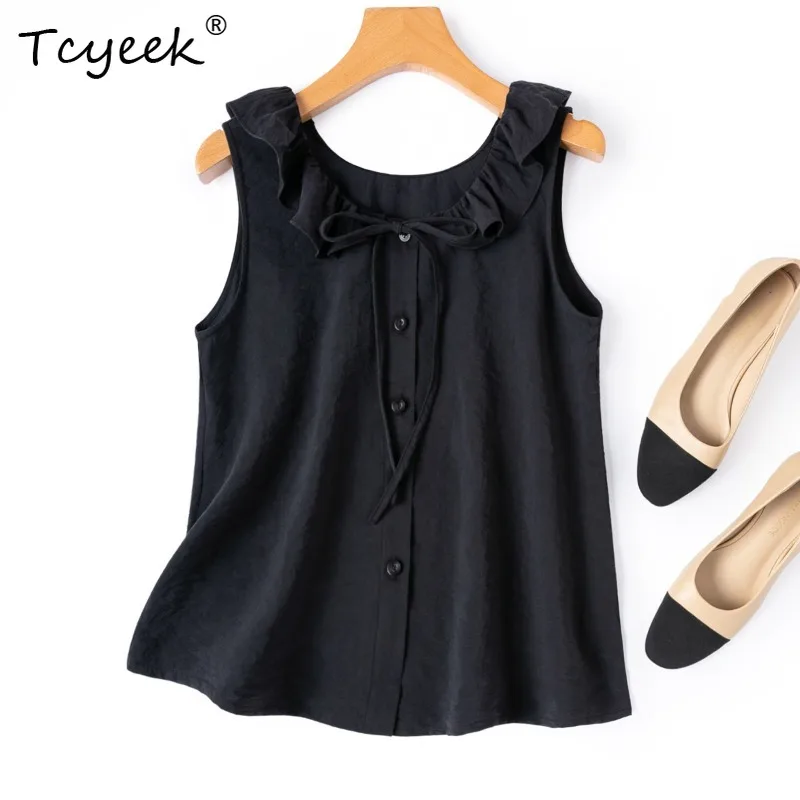 Tcyeek 78% Real Mulberry Silk Woman Tops 2026 Summer Sweet Playful Ruffled Round-neck Tanks Top Clothes for Female Ropa De Mujer