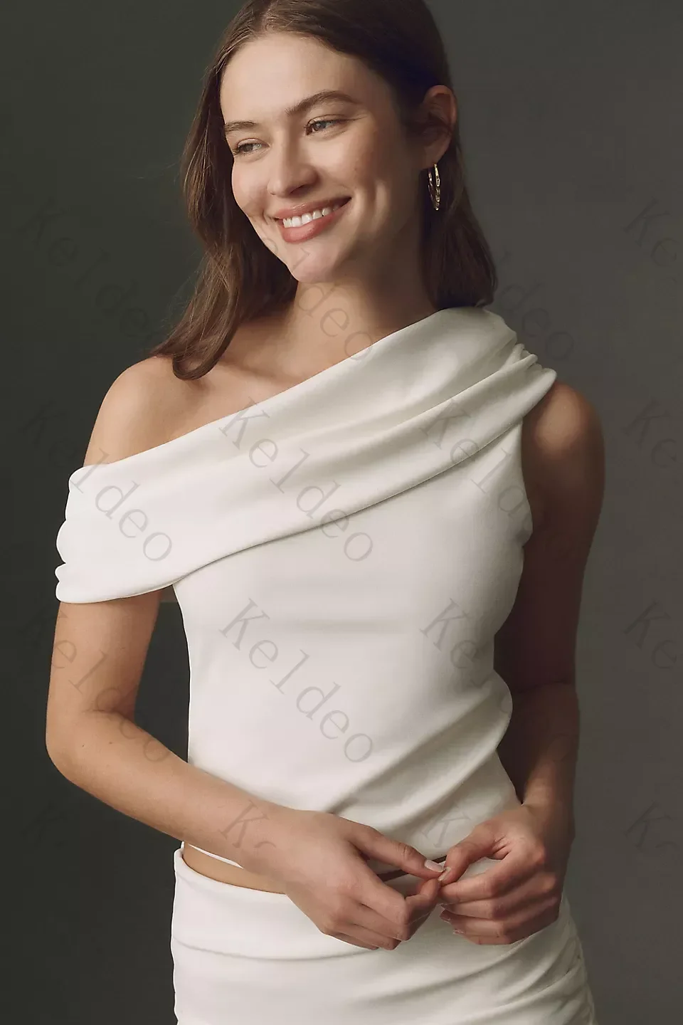 Customized Modern Two‑Piece Wedding Dresses Fashion One‑Shoulder Crop Top Ruched Macrame Fringe Tassel Floor‑Length Bridal Gowns