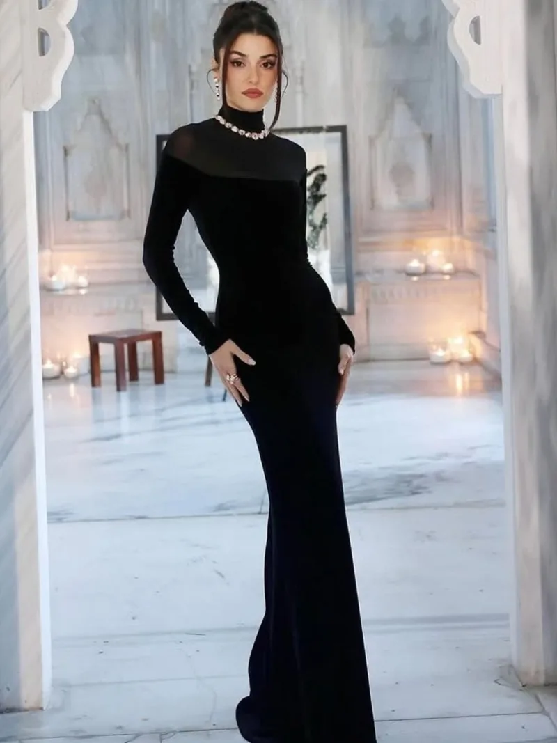 Elegant Sexy Full Sleeve See-through Long Maxi Dress for Women Mesh Patchwork Bodycon Black Evening Dresses Wedding Party Gowns